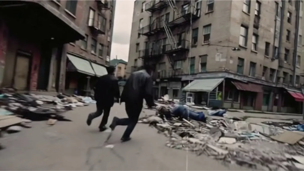 Rubble lot with fire escapes and drifting paper