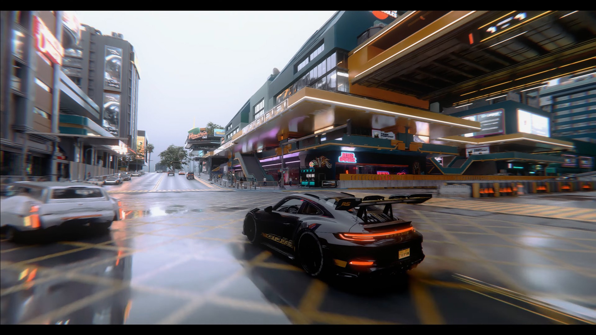 Neon street in Night City at dusk